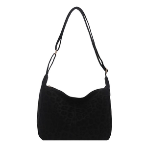 Large black hobo tote bag with subtle leopard texture and adjustable shoulder strap