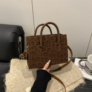 Leopard Print Faux Suede Handbag Crossbody Square Bag Vintage Fashion Women Tote Gold Hardware