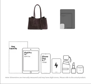 Detailed view of large brown suede tote bag showing capacity for 11 inch iPad Pro and phone