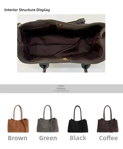 Close-up of large tote bag interior and side view in brown, green, black and coffee