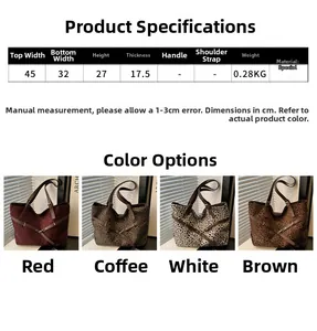 Tableau des tailles et quatre options de couleur pour le sac cabas en toile léopard