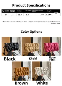 Size chart for pleated PU shoulder bag showing dimensions and five available colors