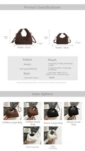 Detailed size chart and color options for plush crescent shoulder bags in three colors
