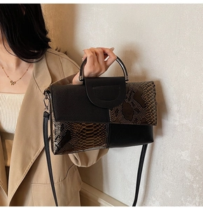 Detail of crocodile pattern crossbody bag with metallic handle and snake skin texture