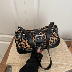 Vintage Leopard Print Underarm Bag For Women Fashion Studded Belt Buckle Shoulder Bag Large Capacity PU Leather Baguette Bag