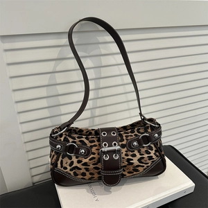 Vintage leopard print shoulder bag with retro belt buckle and silver rivets for women