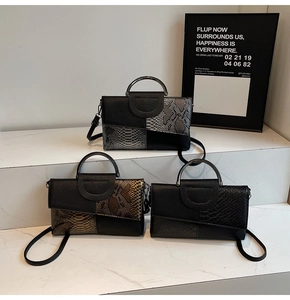 Three-color faux leather handbags with snake-skin texture and D-shaped hollow buckle detail