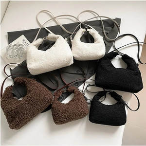 Minimalist faux fur crescent shoulder bag in white, brown and black colors and sizes