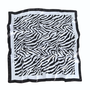 Satin square scarf with black and white zebra print and wide black border, 90x90cm