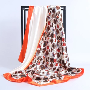 Floral print satin square scarf with vintage pattern and orange border display