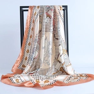 90cm square satin silk scarf featuring vintage horse carriage and paisley patterns
