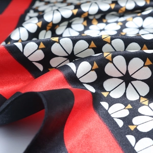 Floral satin square silk scarf 90x90cm with floral print and red border