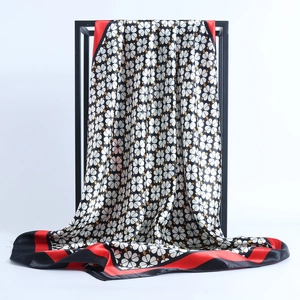 Floral satin silk scarf 90x90cm with daisy pattern and red border on black frame