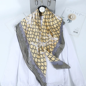 Elegant 90x90cm yellow and grey satin square scarf with geometric honeycomb patterns