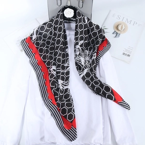 Elegant 90x90cm satin scarf with geometric floral patterns and vibrant red wavy borders