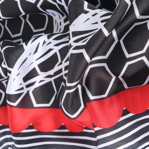 Faux silk scarf with geometric honeycomb and red-black-white stripes pattern