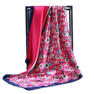 Floral print satin square scarf in vibrant rose red with deep blue borders for women