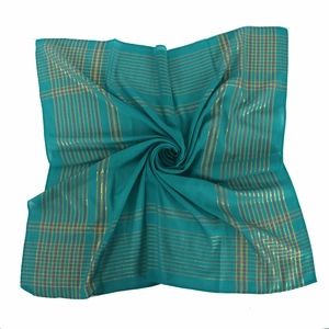 Foulard carré ethnique bleu avec motif à carreaux en fil d'or et grande taille de 90cm