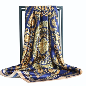 Baroque floral print satin silk scarf in navy blue and gold with 90x90cm square design