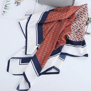 Navy blue and red geometric chain print 90x90cm satin silk scarf with letter B design