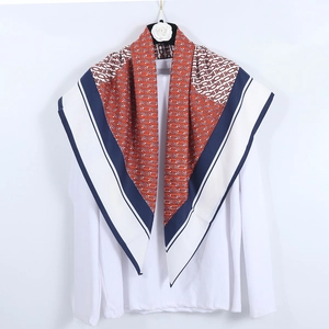 Elegant 90cm twill satin square scarf with monogram print and bold orange blue border