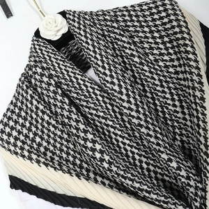 Fashion houndstooth plaid pleated cotton linen scarf with elegant black and white pattern