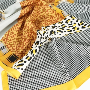 Houndstooth and leopard print satin silk scarf in a stylish 90x90cm patchwork design