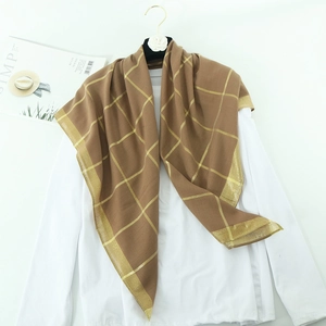 Large Cotton Linen Blend Square Scarf With Gold Metallic Thread Grid Pattern Ethnic Style Breathable Soft Headscarf Shawl For Women