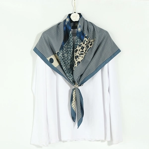 Large Square Scarf Satin Feeling Twill Satin Houndstooth Leopard Patchwork Print Shawl Women Hair Wrap Hijab
