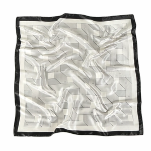 Geometric diamond print satin silk square scarf with chic black and white maze pattern
