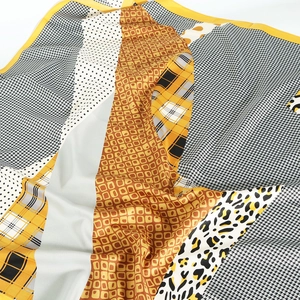 Classic houndstooth and leopard print silk-satin square scarf with bright yellow edges