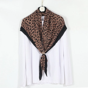 Leopard Print Pleated Scarf Fashion Square Shawl With Ring Buckle Crinkle Polyester Wrap For Women Autumn Winter