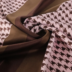 Pink houndstooth and coffee brown striped silk square scarf with glossy satin finish