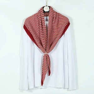 Striped red and white pleated scarf with pearl buckle accessory for women