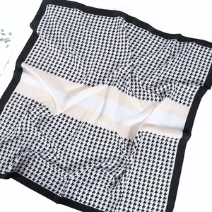 Classic houndstooth printed silk satin square scarf with elegant stripe patchwork design
