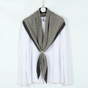 Striped pleated scarf with gold metal ring buckle for women in black and white pattern