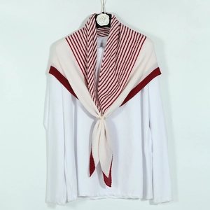 Red and white striped pleated cotton linen scarf with a decorative pearl gold buckle