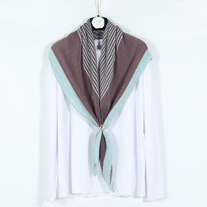 Pleated cotton linen 100x100cm large square scarf in coffee and mint green with gold buckle