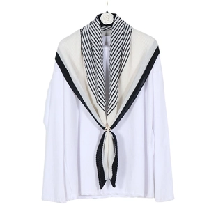 Wrinkled cotton linen square scarf with black and white stripes and metal ring buckle