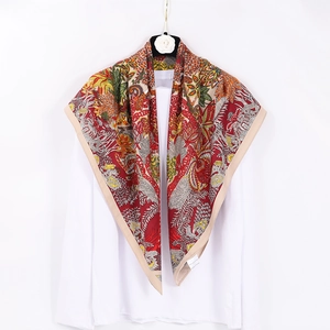 90x90cm floral printed silk scarf with bohemian patterns and elegant red green tones