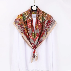 90x90cm floral paisley printed silk scarf with vibrant orange and emerald tones
