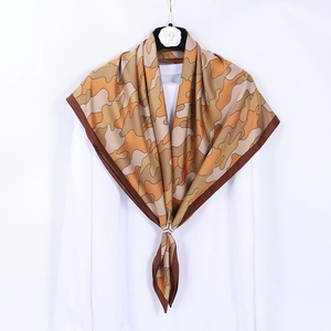 Earth tone camouflage square silk scarf in twill satin finish for elegant headwear