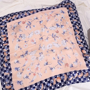 Floral and butterfly print silk scarf with navy blue letter border in 90x90cm size