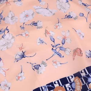 Pink silk floral scarf with butterfly prints and navy lettered borders for women