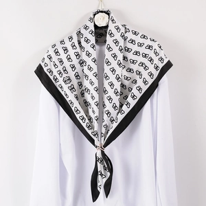 Elegant white silk scarf with black butterfly prints and rose gold rhinestone ring buckle