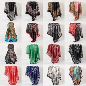 Collection of 90cm satin square scarves featuring diverse paisley and bohemian prints