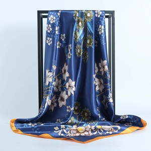 Elegant navy blue 90x90cm satin silk scarf with sunflower print and orange borders