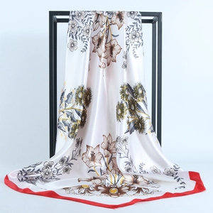 Elegant 90cm square satin silk scarf with red border and sunflower floral patterns
