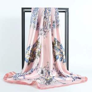 Floral satin silk scarf with lily and sunflower print in pink for women 90x90cm