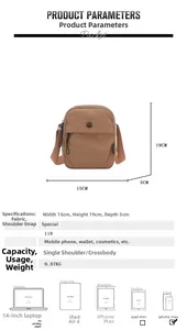 Vertical crossbody bag dimensions 15x19x5cm with lightweight 0.07kg nylon material